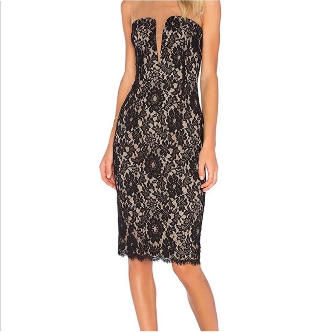 Bailey 44 Lace Midi Dress Womens 0 Black Nude Sweetheart Illusion Mesh